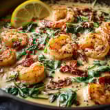 Shrimp with greens in a cozy bowl.