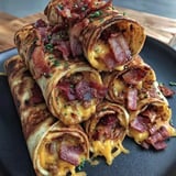 A tower of sandwiches wrapped with bacon.