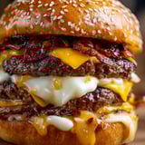 Big juicy burger topped with cheese and crispy bacon.