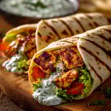 Chicken wrap stuffed with lettuce and tomatoes.