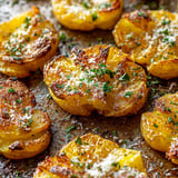 Cheesy herbed smashed potatoes.