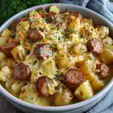 A bowl filled with sausage mixed with cheesy potatoes.