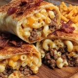 A wrap stuffed with creamy mac and cheese.