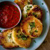 Marinara sauce in a bowl served with crispy breadsticks.