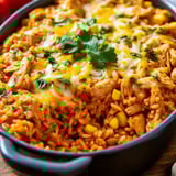 Bowl packed with chicken, rice, veggies, and cheese.