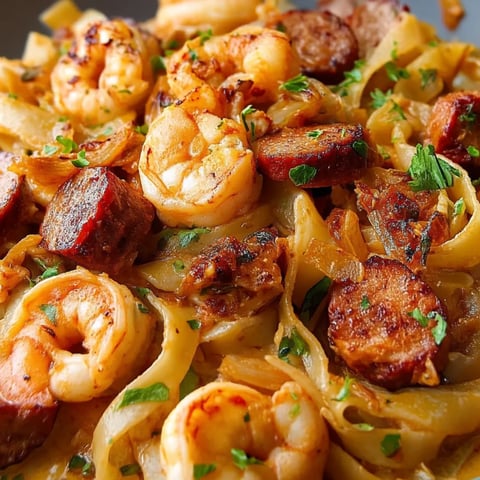 A plate of food with shrimp, sausage, and noodles.
