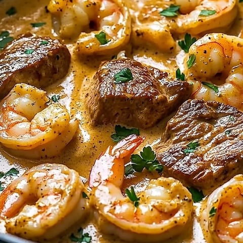 A bowl of shrimp and beef with a brown sauce.