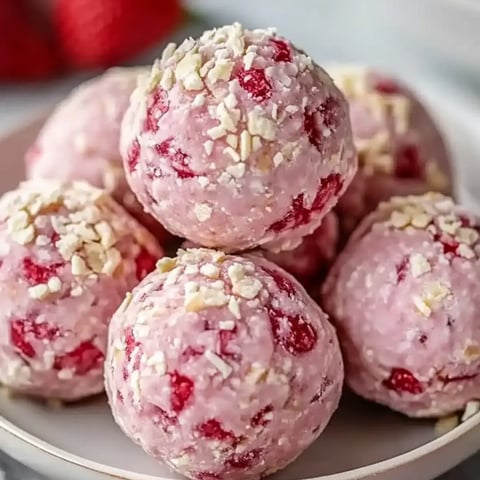 A plate of pink balls with red strawberries.