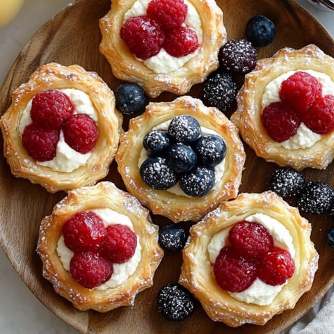 A plate of pastries with berries and cream.