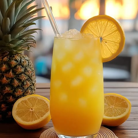 Bright orange punch with lemon slices on a coaster.