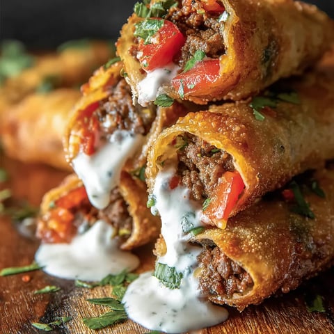 A pile of burritos slathered with white sauce sits on a table.