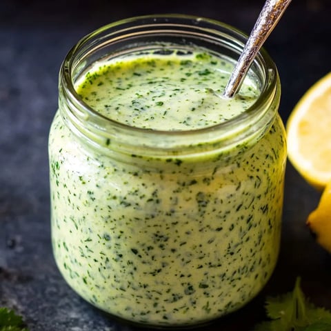 Green sauce sitting in a glass jar with a spoon inside.